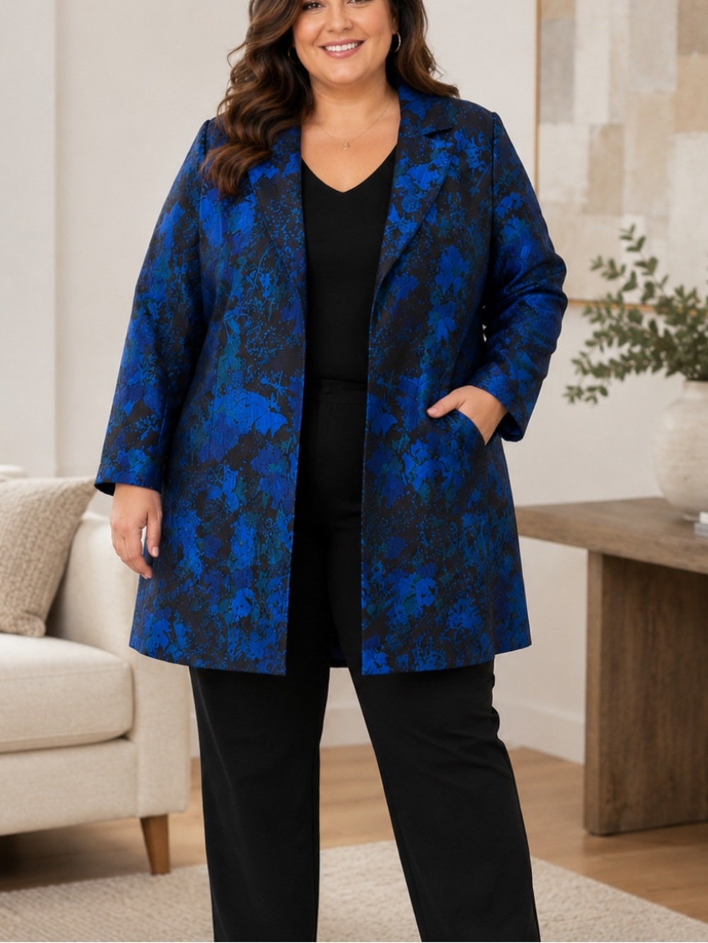 Chico's Floral Jacquard Blue and Black Blazer Jacket